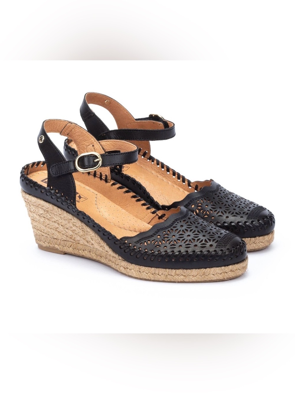 NIB Pikolinos Vila W9Y-1508 Black Leather Perforated Wedge Sandals $135